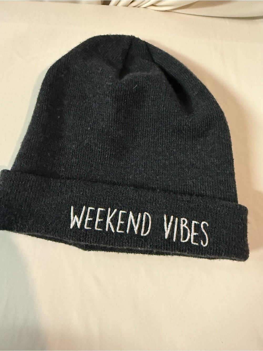 Weekend Vibes Knit Beanie - Black with White Embroidery